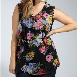 Koko Women’s Black Floral Pom Pom Trim Tied Blouse